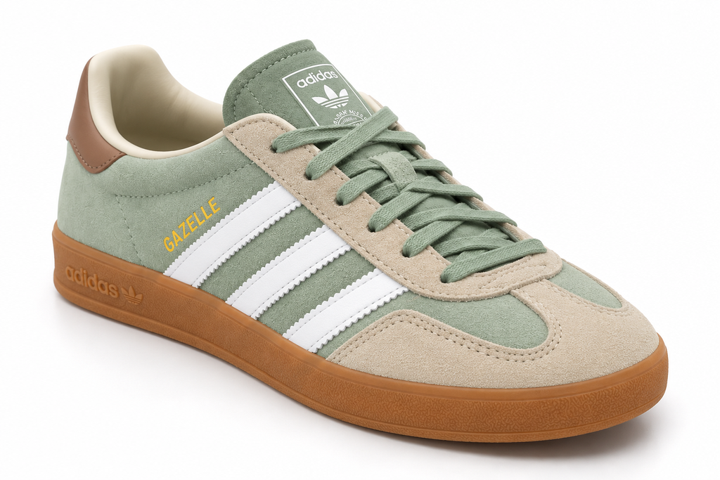 Zapatilla adidas Gazelle verde sobre blanco.webp