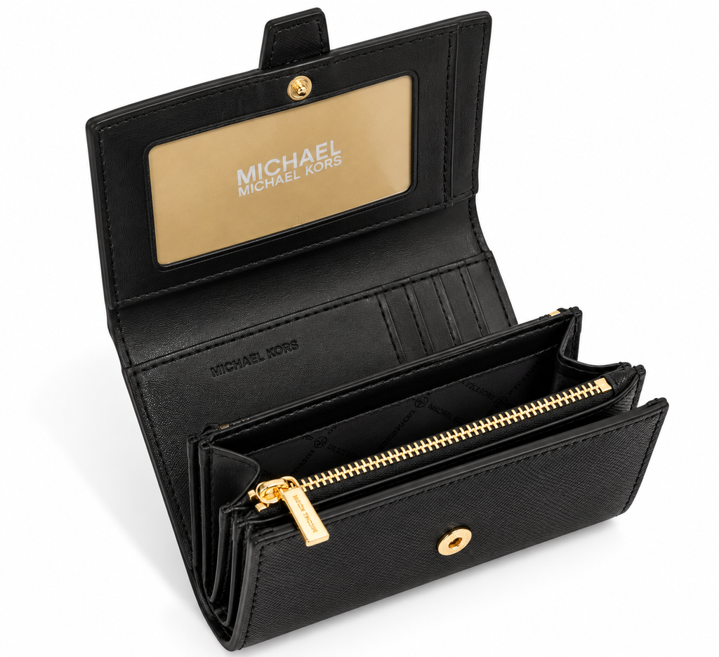 Billetera negra Michael Kors abierta.webp