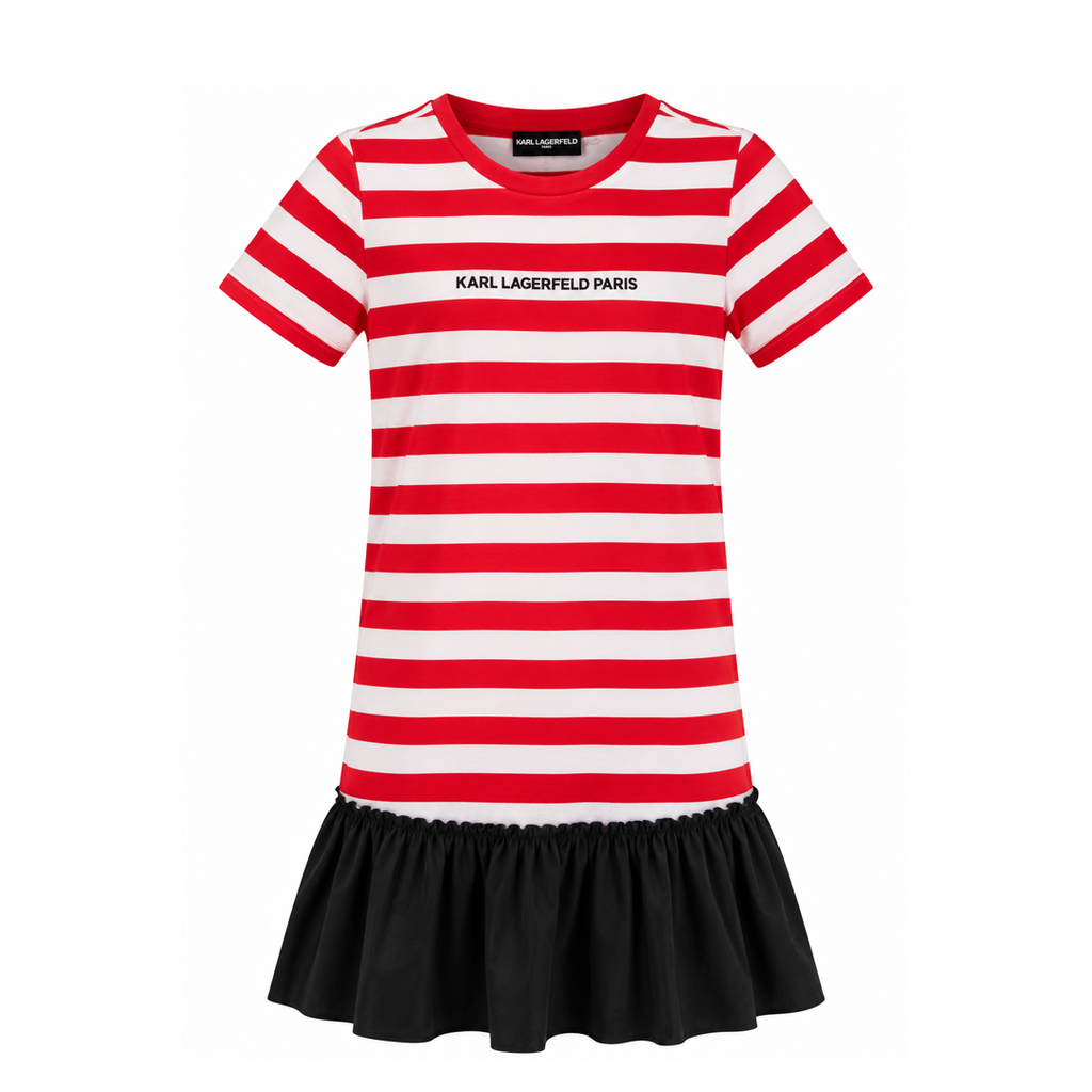 VESTIDO KARL BLANCO CON ROJO RAYADO OLANES NEGROS ABAJO