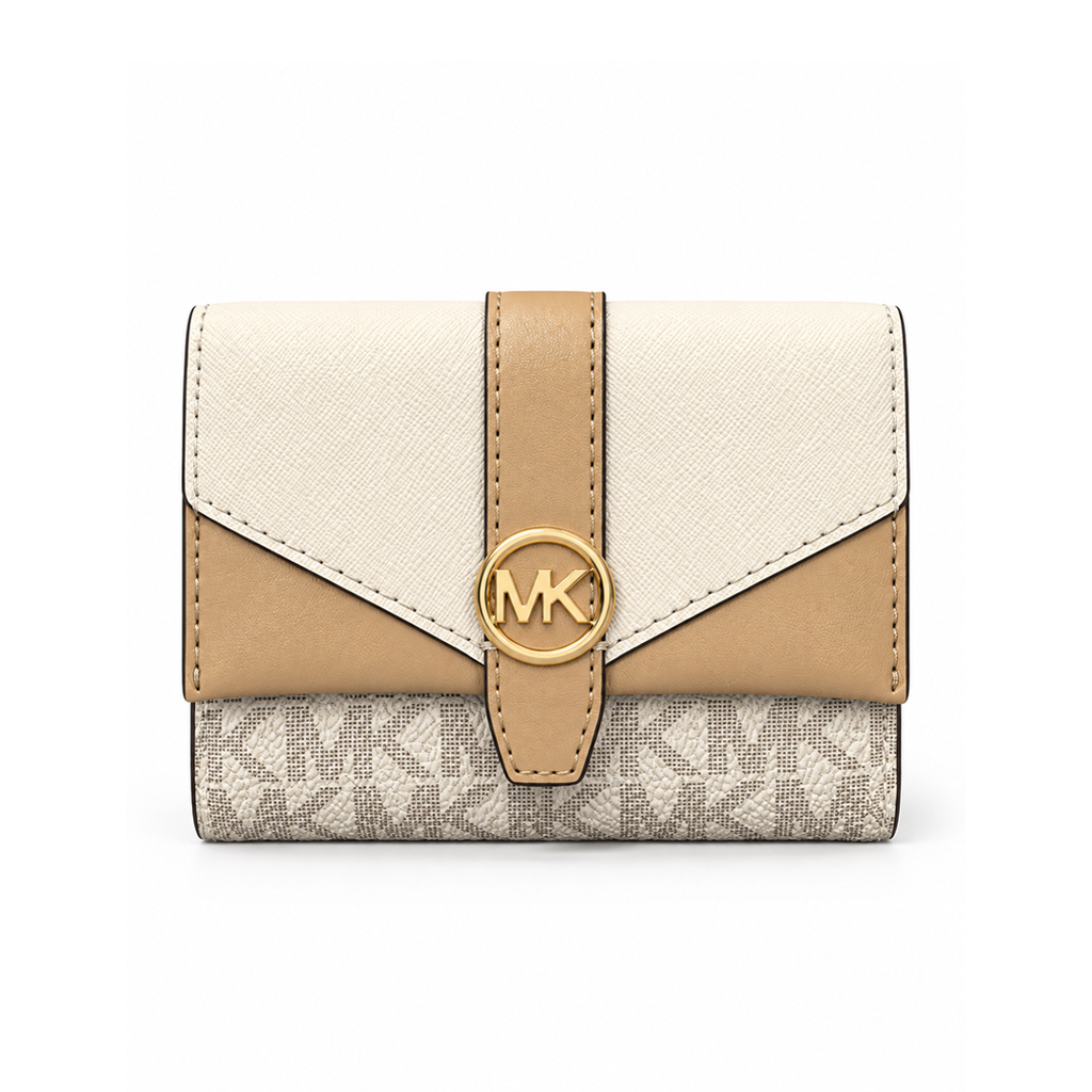 CARTERA MK BEIGE CON MONOGRAMA FRANJA NUDE