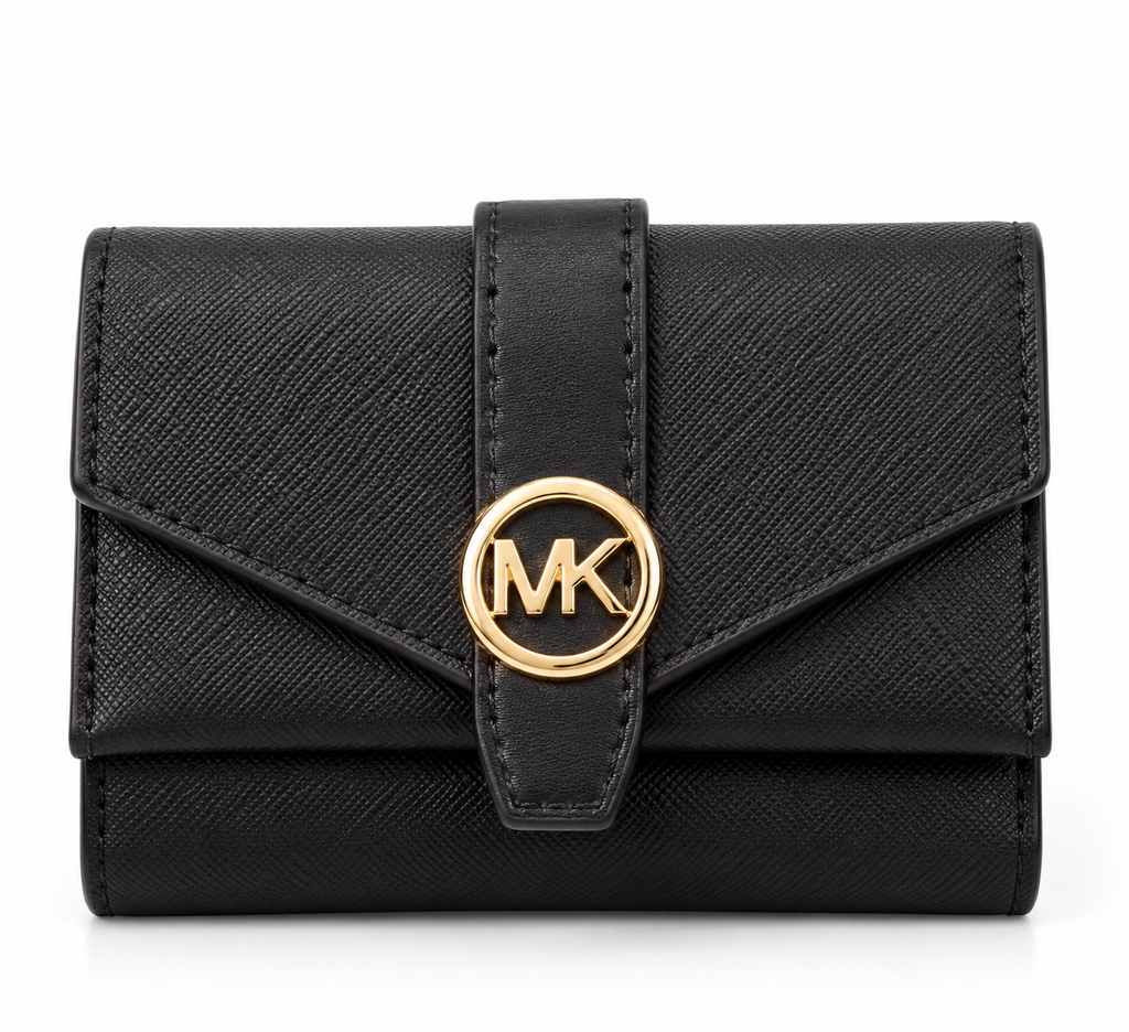 CARTERA MK NEGRA PLACA DORADA