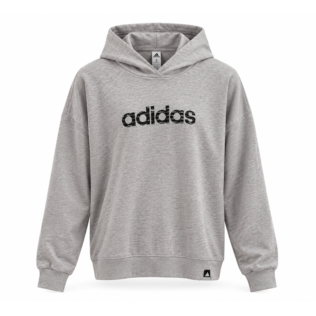 SUDADERA ADIDAS GRIS CON LETRAS NEGRAS Y DENTRO CURSIVAS BLANCAS