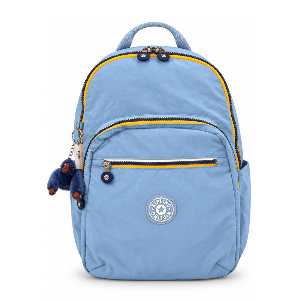 MOCHILA KIPLING AZUL CLARO CON CIERRE LLAMATIVOS EN AMARILLO