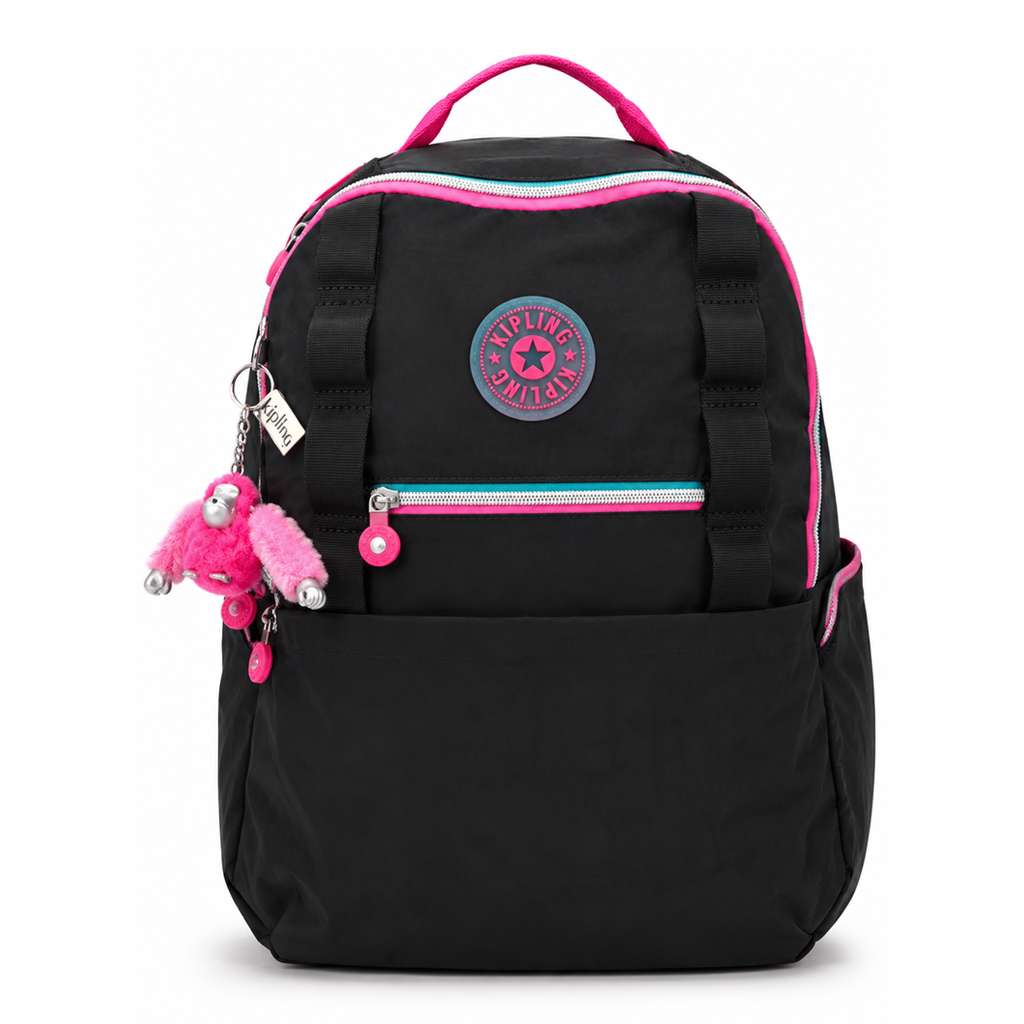 MOCHILA KIPLING NEGRA CON DETALLES EN ROSA CLARO Y AZUL