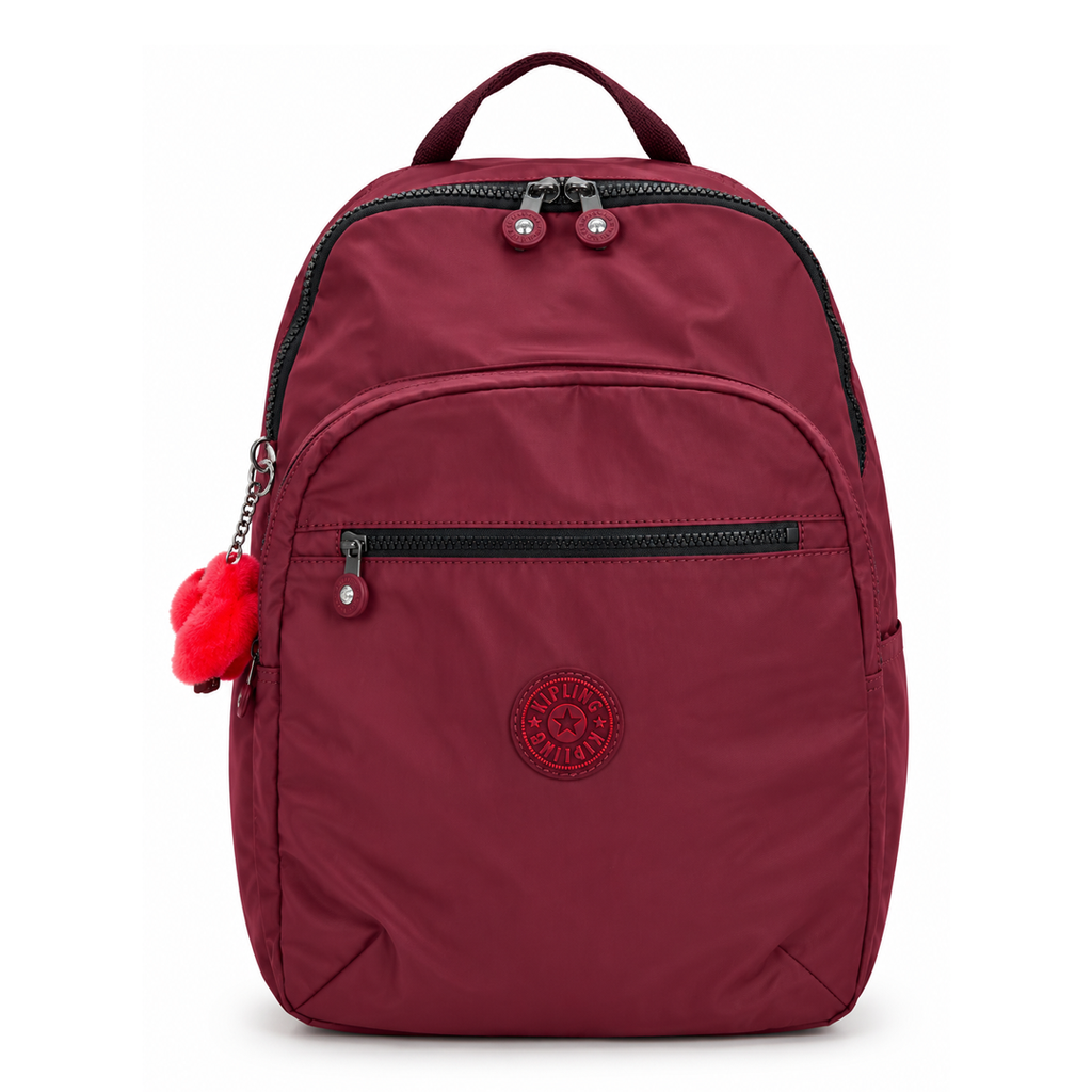MOCHILA KIPLING VINO GRANDE CON CIERRES NEGROS Y CHANGO EN ROJO