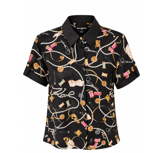 CAMISA KARL NEGRA DIBUJOS DE HILOS ROSAS PERLAS BOTONES MANGA 3/4