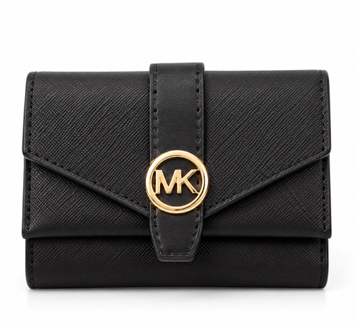 CARTERA MK NEGRA PLACA DORADA