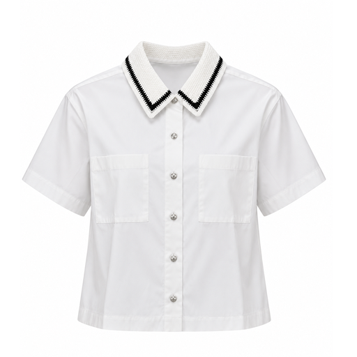 CAMISA KARL BLANCA CON BOLSAS EN PECHO Y CUELLO TIPO TEJIDO