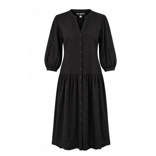 VESTIDO KARL NEGRO POPELINA CON FLORES TIPO CALADAS EN MANGA Y PARTE INFERIOR