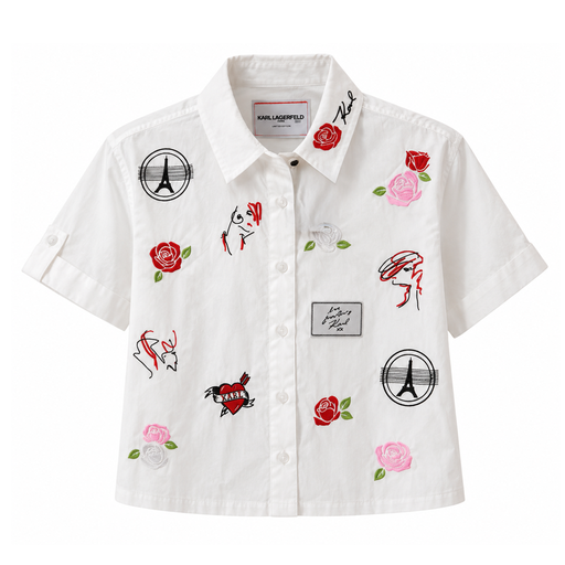 CAMISA KARL BLANCA CON ROSAS BORDADAS ROJAS BLANCAS Y ROJAS 