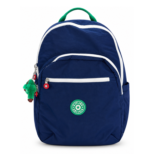 MOCHILA KIPLING AZUL MARINO CON CIERRES EN BLANCO Y DETALLES EN VERDE